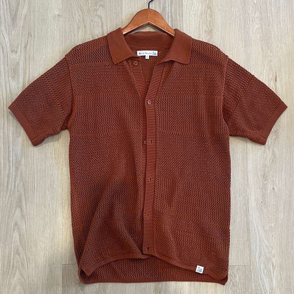 Merz B. Schwanen Men's Rust Knit Button Down Shirt - Men’s Medium
